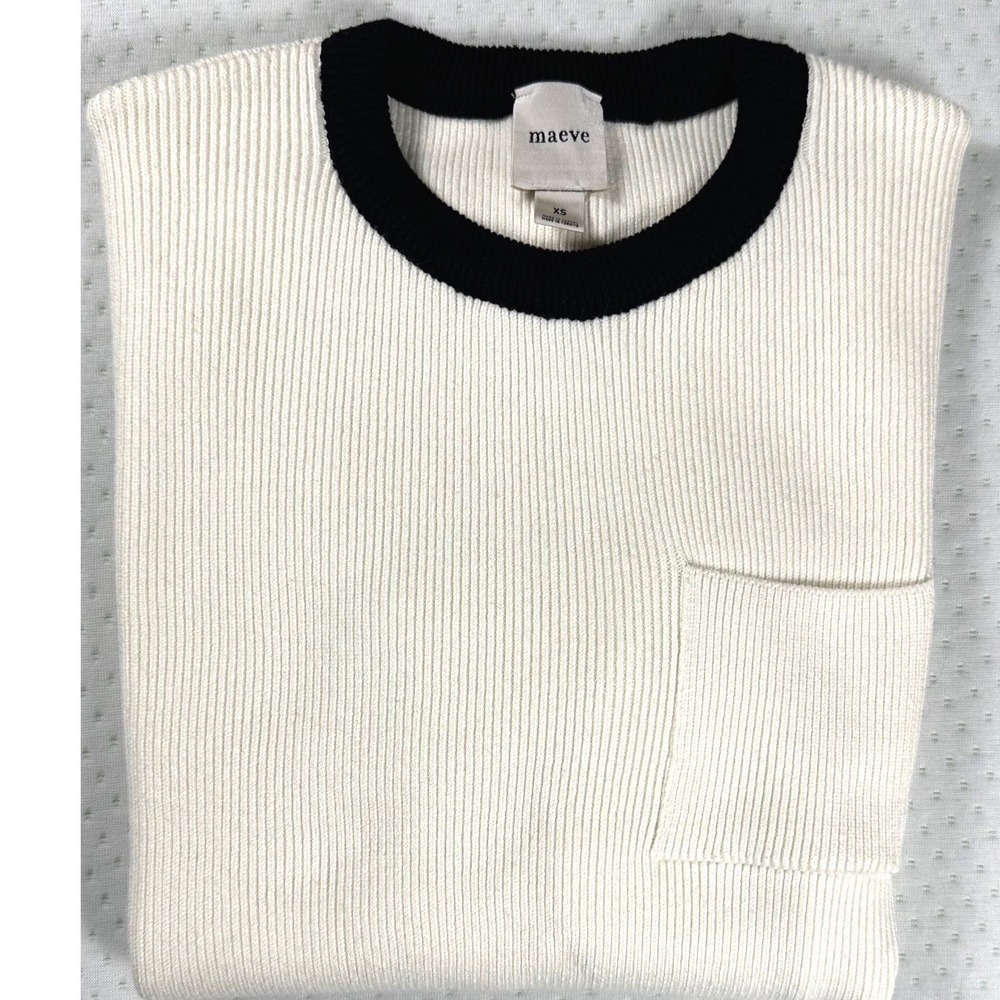 Maeve Anthropologie Ribbed Ringer Sweater Top Ivory Black Trim XS Pocket Stripe